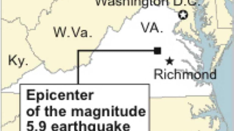 Map locates the epicenter of an earthquake in Virginia. (Aug....