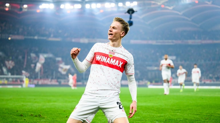 Stuttgart's Chris Führich celebrates scoring their side's second goal of...