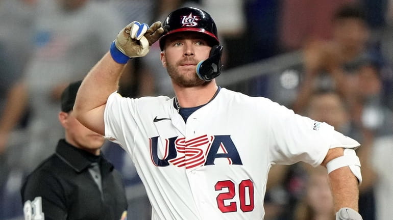 Pete Alonso of Team USA celebrates his RBI single in...