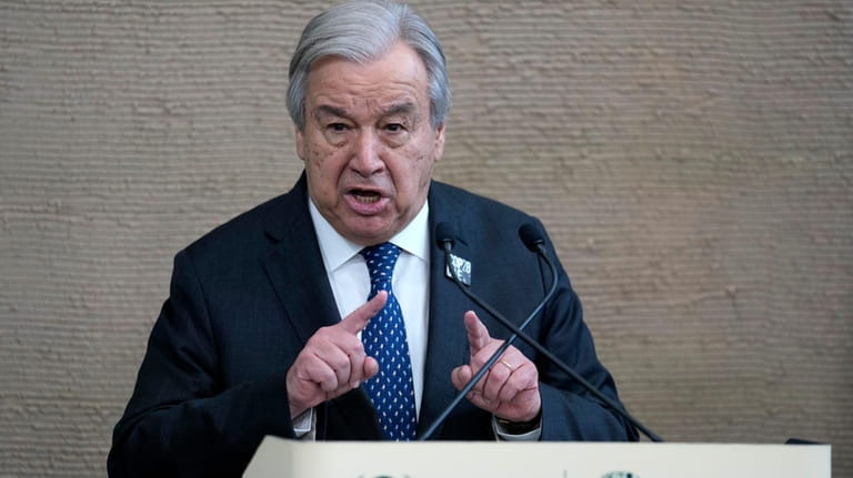 United Nations Secretary-General Antonio Guterres speaks during a news conference...