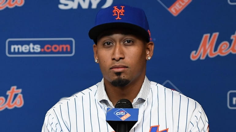 Mets closer Edwin Diaz looks on during a press conference...