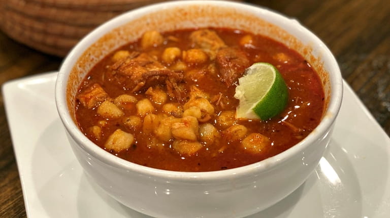 At Little Mexico in Medford, pozole is served with homemade tortillas.