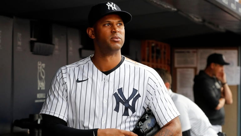 Aaron Hicks #31 of the Yankees looks on before a game...