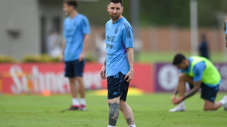 Argentina's Lionel Messsi looks on during a team training session...