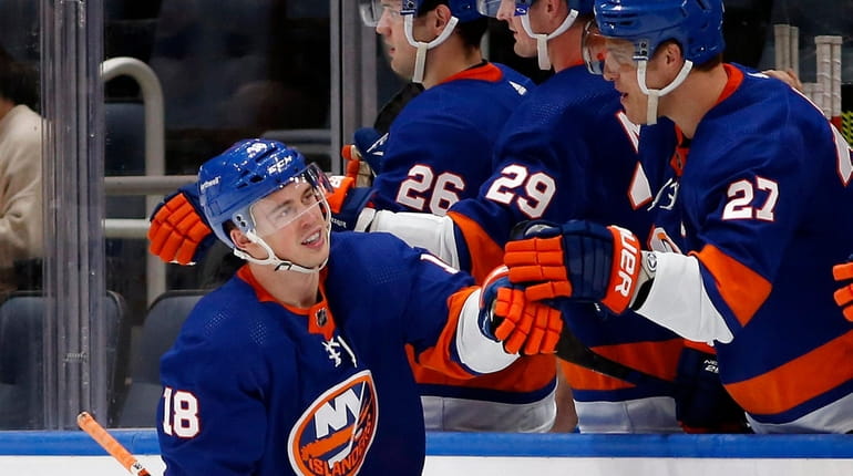 Anthony Beauvillier #18 of the Islanders celebrates his second period goal...