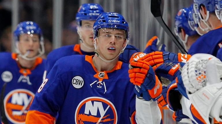 Anthony Beauvillier #18 of the Islanders celebrates his second period...