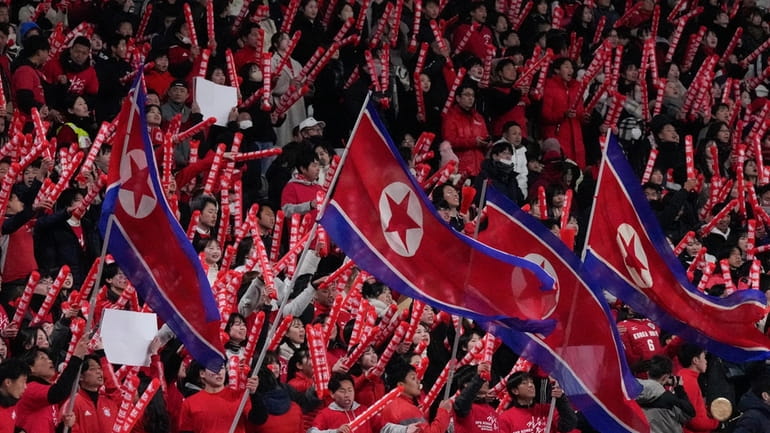 North Korea's fans cheer for their team during the FIFA...