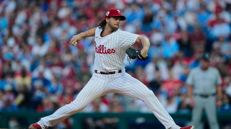 Philadelphia Phillies' Aaron Nola pitches during the second inning of...