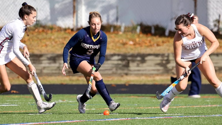 Northport midfield Sydney Wotzak moves the ball out of the...