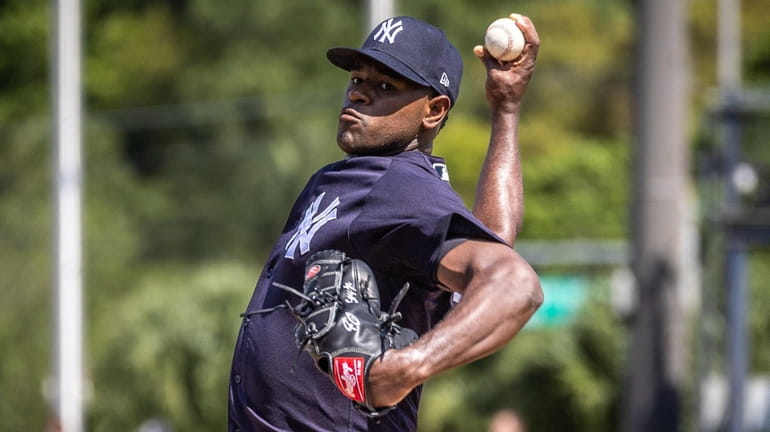 Yankees starting pitcher Luis Severino warms up on the mound for...