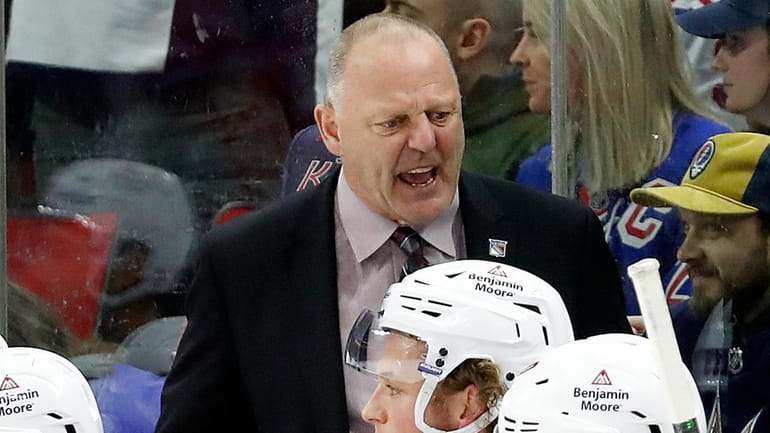 Rangers head coach Gerard Gallant instructs his players from the...
