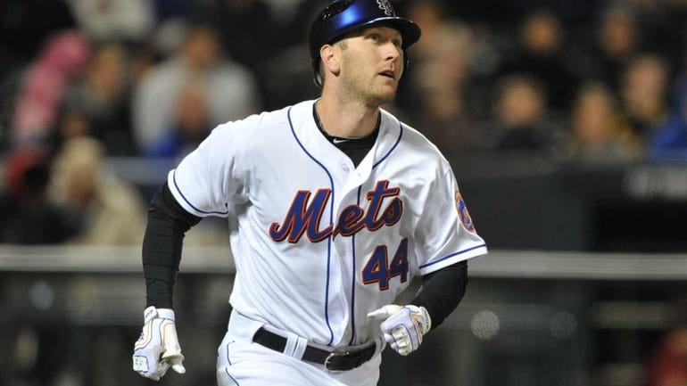 New York Mets left fielder Jason Bay (44) watches his...