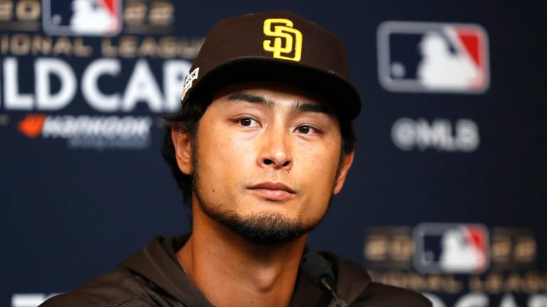 San Diego Padres starting pitcher Yu Darvish answers questions from...