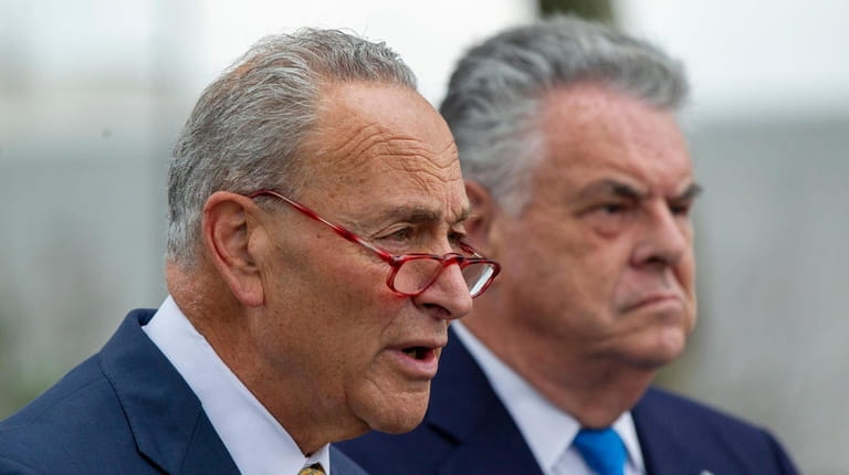 Sen. Chuck Schumer (D-N.Y.) and Rep. Peter King (R-Seaford) push for...