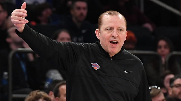 Knicks head coach Tom Thibodeau gestures during the first half...