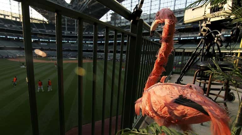 Tropical decorations are seen on display in center field before...