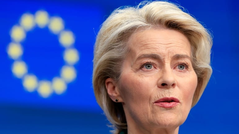 European Commission President Ursula von der Leyen addresses a media...