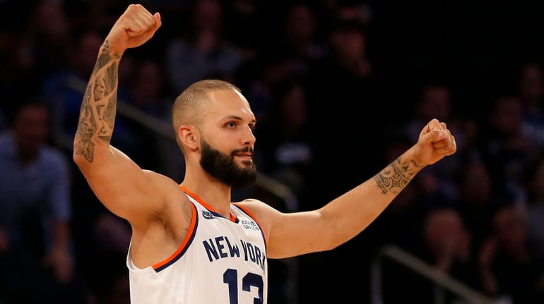 Evan Fournier #13 of the Knicks reacts during the second...