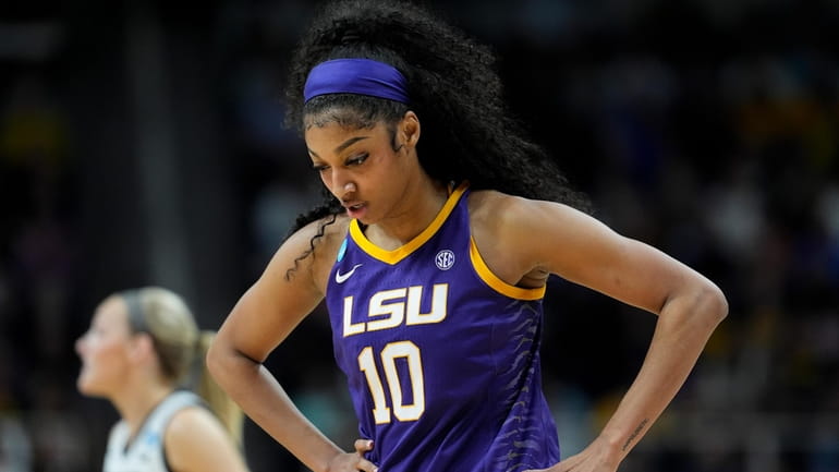 LSU forward Angel Reese (10) reacts during the fourth quarter...