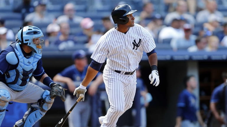 Yankees hitter Zoilo Almonte doubles during the sixth inning against...