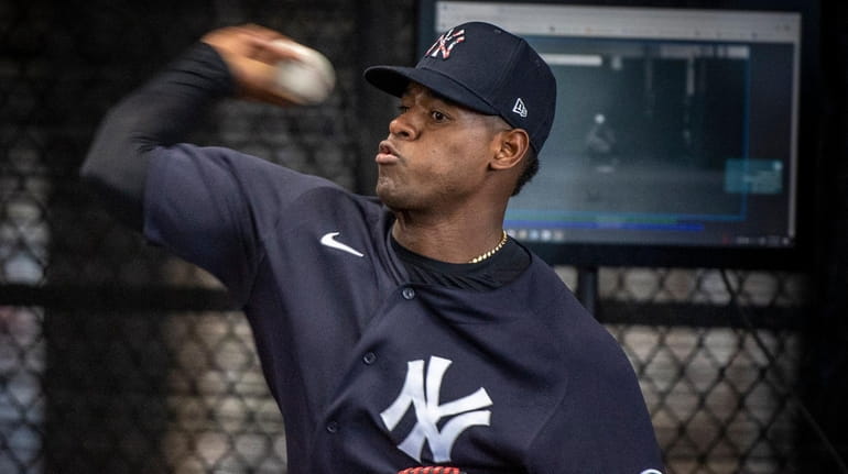 Yankees pitcher Luis Severino throws in the bullpen during spring training in...