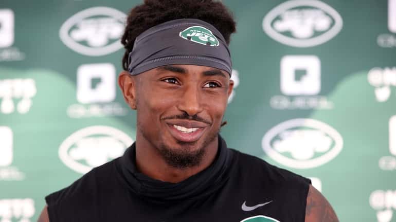 Jets safety Jordan Whitehead talks to the media during training camp in...