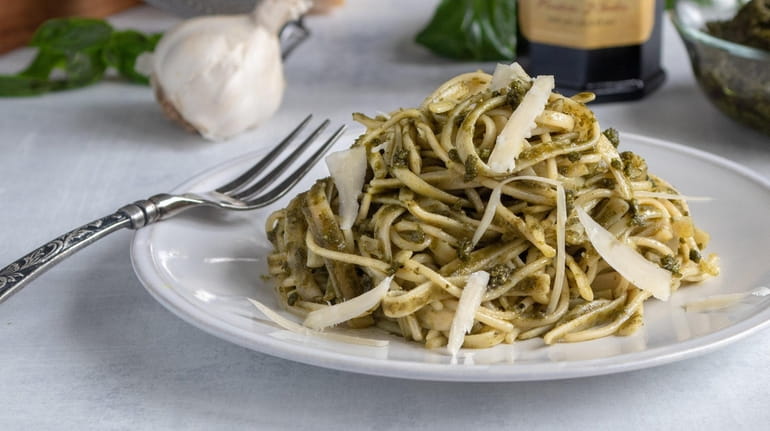 Pesto made from basil, almonds, Parmesan cheese and extra-virgin olive oil...