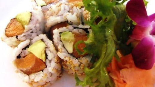 A salmon avocado roll is served at Miyako in Hicksville.