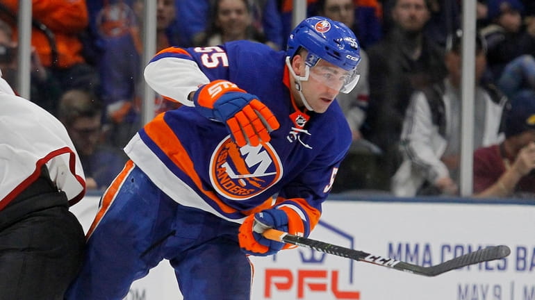 Johnny Boychuk #55 of the New York Islanders skates against...