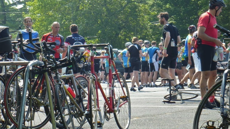 Participants in the 2011 Ride to Montauk at a stop...
