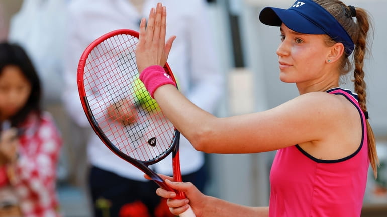 Kazakhstan's Elena Rybakina reacts after winning against Brenda Fruhvirtova of...