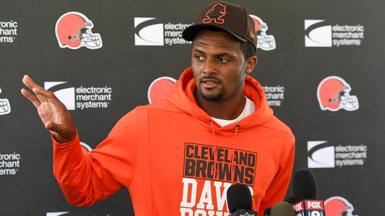 Deshaun Watson of the Browns speaks during a press conference...
