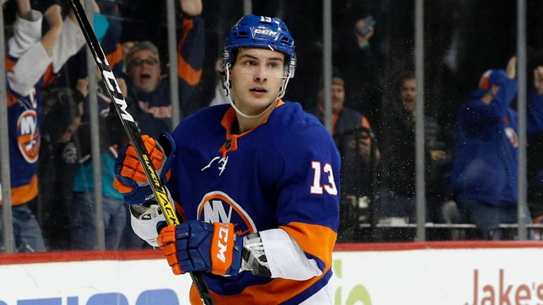 Mathew Barzal of the  Islanders celebrates his second-period goal against the...