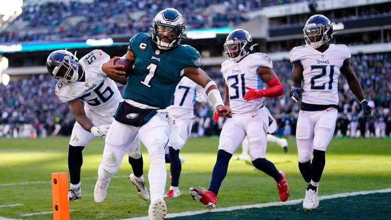 Philadelphia Eagles' Jalen Hurts scores a touchdown during the first...