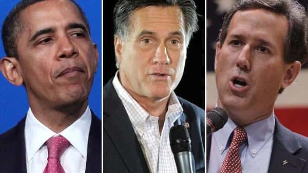 Barack Obama, Mitt Romney and Rick Santorum in March 2012.