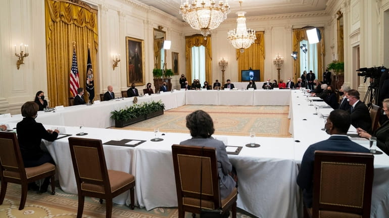 President Joe Biden speaks during the Cabinet meeting in the East...