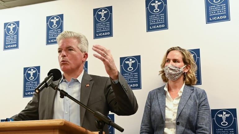 Suffolk County Executive Steve Bellone speaks during a news conference Tuesday as Nassau...