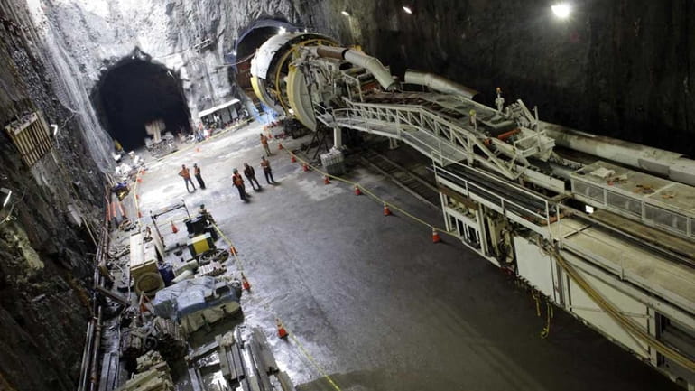A tunnel boring machine is assembled for the Second Avenue...