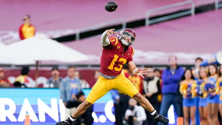 Southern California quarterback Caleb Williams throws a pass during the...