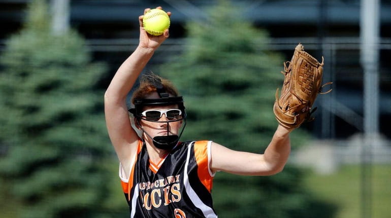 East Rockaway starting pitcher Emily Chelius delivers in the bottom...