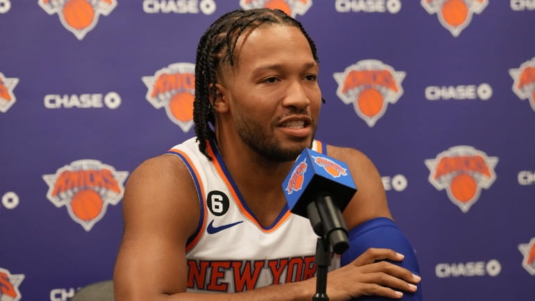 Jalen Brunson of the Knicks answering questions moment from the...