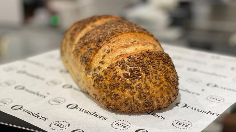 The signature seeded New York rye bread at Orwashers in...