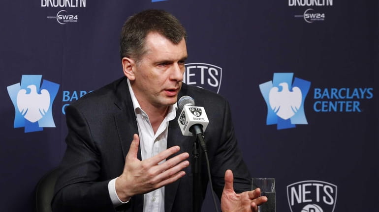 Brooklyn Nets owner Mikhail Prokhorov speaks to the media before...