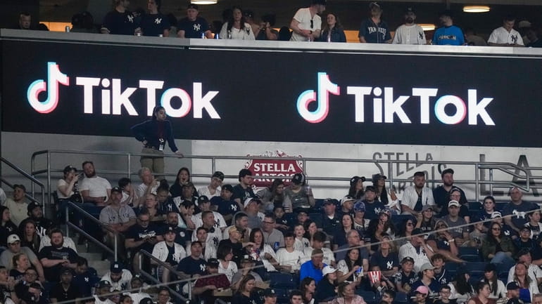 Fans sit under a TikTok ad at a baseball game...