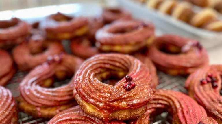 Pomegranate-glazed crullers at Flourbud Bakery in East Moriches.