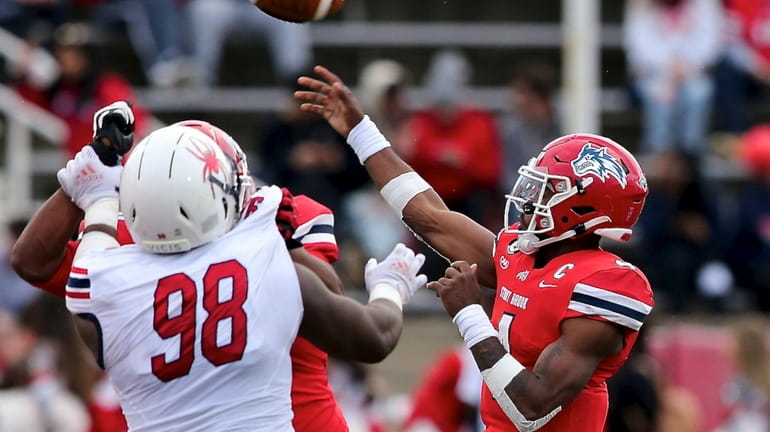 Stony Brook QB Tyquell Fields goes to the air for...