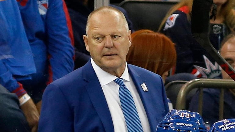 Head coach Gerard Gallant of the Rangers looks on against the...