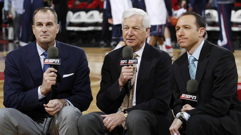 ESPN television broadcast team (from left) Jay Bilas, Bill Raftery...