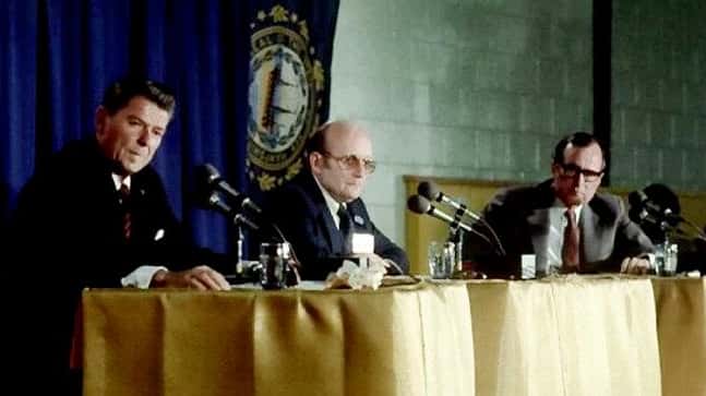 Republican candidates Ronald Reagan, left, and George H.W. Bush, right,...