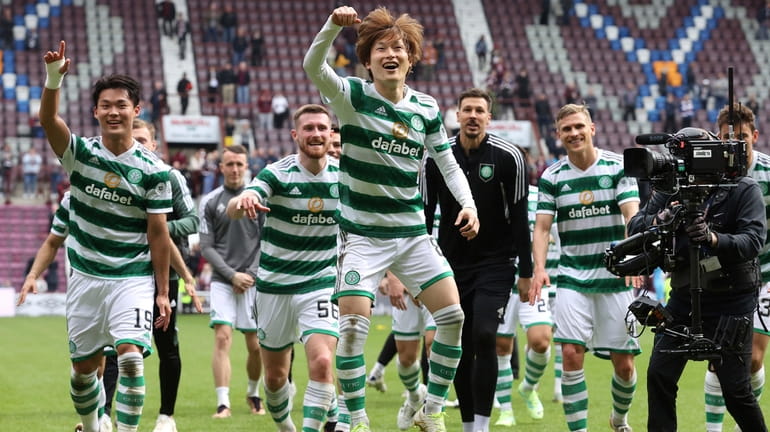 Celtic's Kyogo Furuhashi celebrates after the Scottish Premiership soccer match...